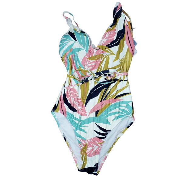 Kona Sol One Piece Swimsuit Women's Small 4-6 Multicolor Belted V-Neck Leaf - Picture 1 of 8